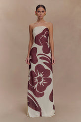 Amaya Strapless Chiffon Maxi Dress - Brown Deco Fleur Print