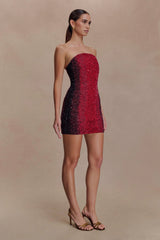 Zander Hand Beaded Strapless Mini Dress - Red Ombre