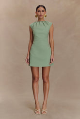 Ariana Pleated Neck Mini Dress - Sage