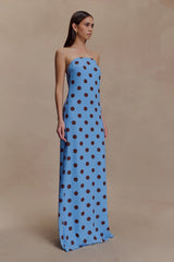 Amaya Strapless Chiffon Maxi Dress - Blue Polka Dot