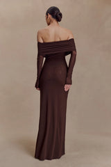 Josie Off Shoulder Mesh Maxi Dress - Dark Brown