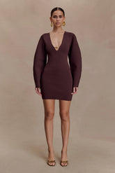 Billy Balloon Sleeve Knit Mini Dress - Dark Chocolate