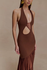 Aubree Crepe And Mesh Maxi Dress - Chocolate/Mocha