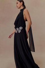 Santal Floral Chiffon Halter Maxi Dress - Black