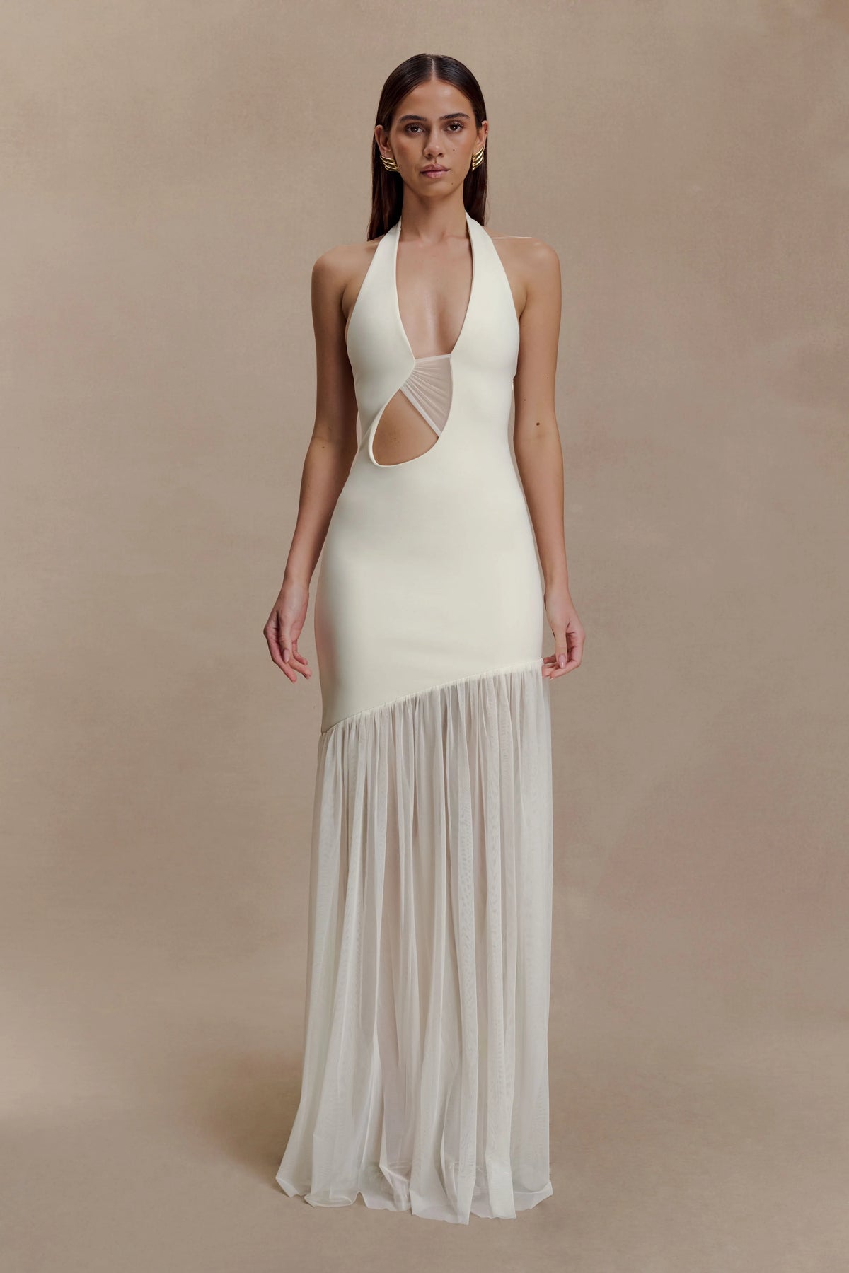 Aubree Crepe And Mesh Maxi Dress - Ivory