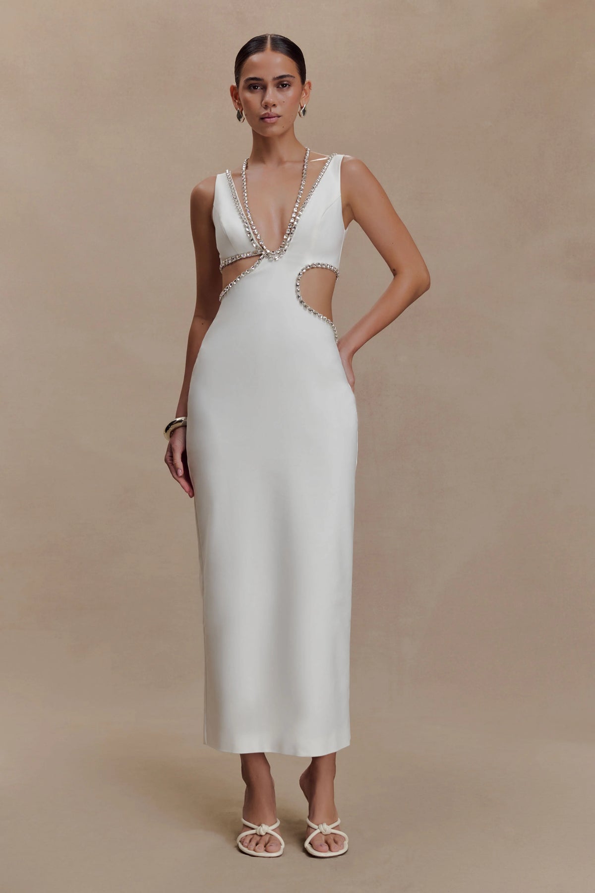 Henny Diamante Trim Cut Out Midi Dress - White