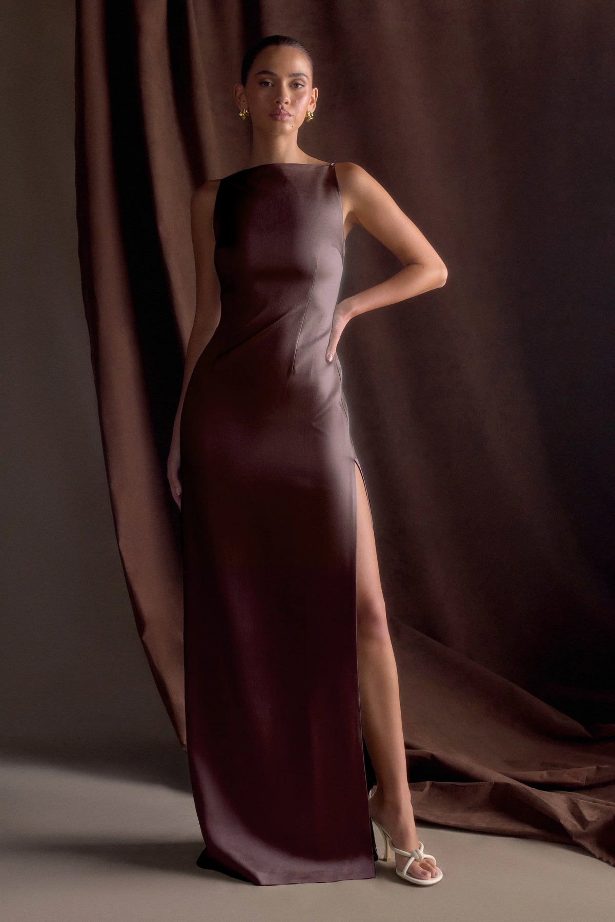 Violet Sleeveless Satin Maxi Dress - Dark Chocolate