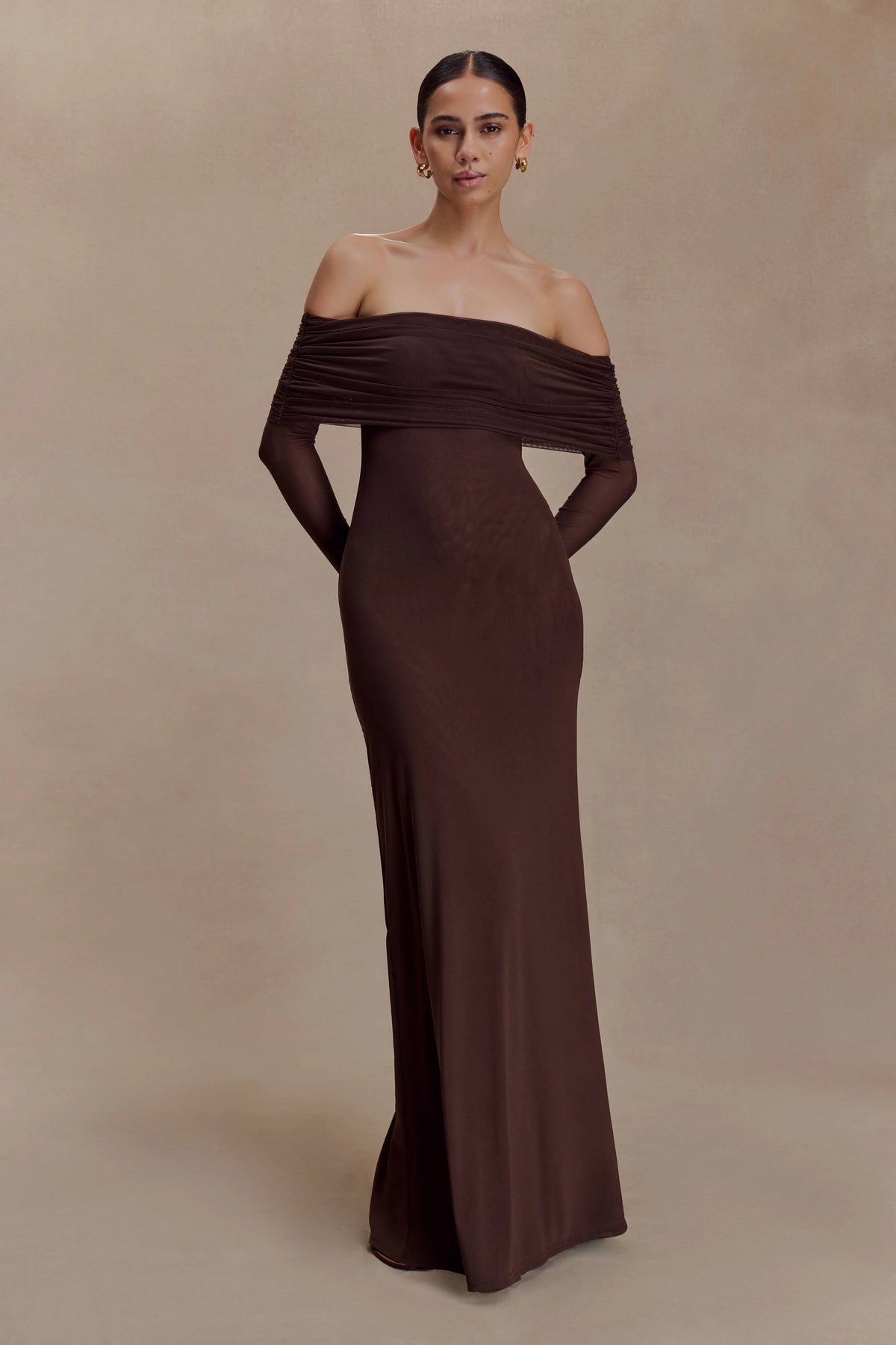 Josie Off Shoulder Mesh Maxi Dress - Dark Brown