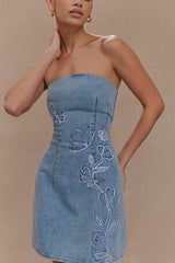 Akira Embroidered Denim Mini Dress - Mid Blue