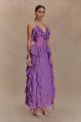 Aleyna Chiffon Ruffle Midi Dress - Purple